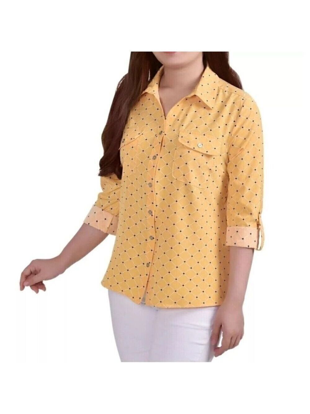 Notations Women's Size Long Sleeve Button Roll-Tab Multi-Yellow Blouse Size L